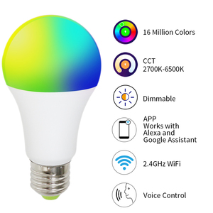 A19 E27 Dimmable Lamp 9W RGBCW AC120v/230v Color Changing 2700K-6500K WiFi Smart LED Light Bulb Compatible Bluetooth WiFi